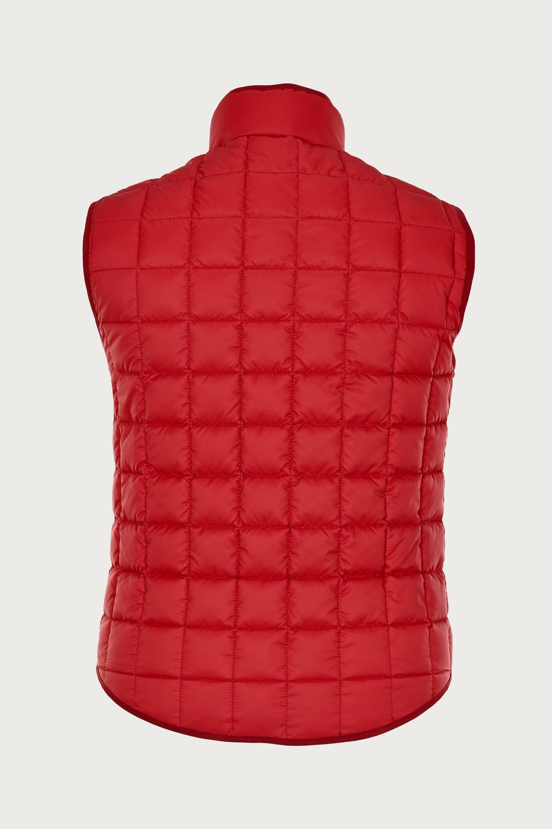 Red sleeveless jacket with pockets and black zipper