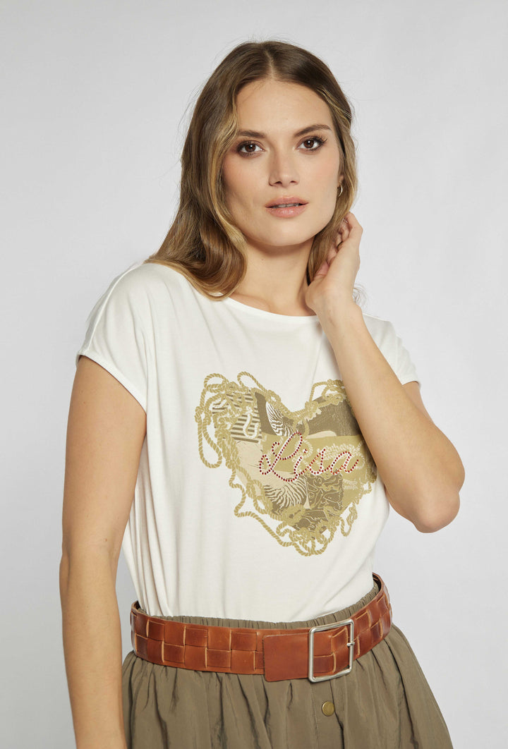 T-Shirt in Ecru-Farbe mit sichtbarem Aufdruck