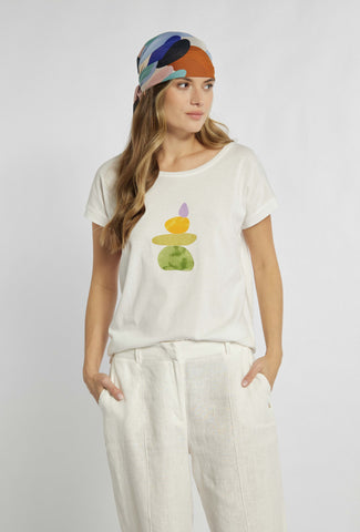 T-Shirt in Ecru-Farbe mit buntem Aufdruck auf der Vorderseite