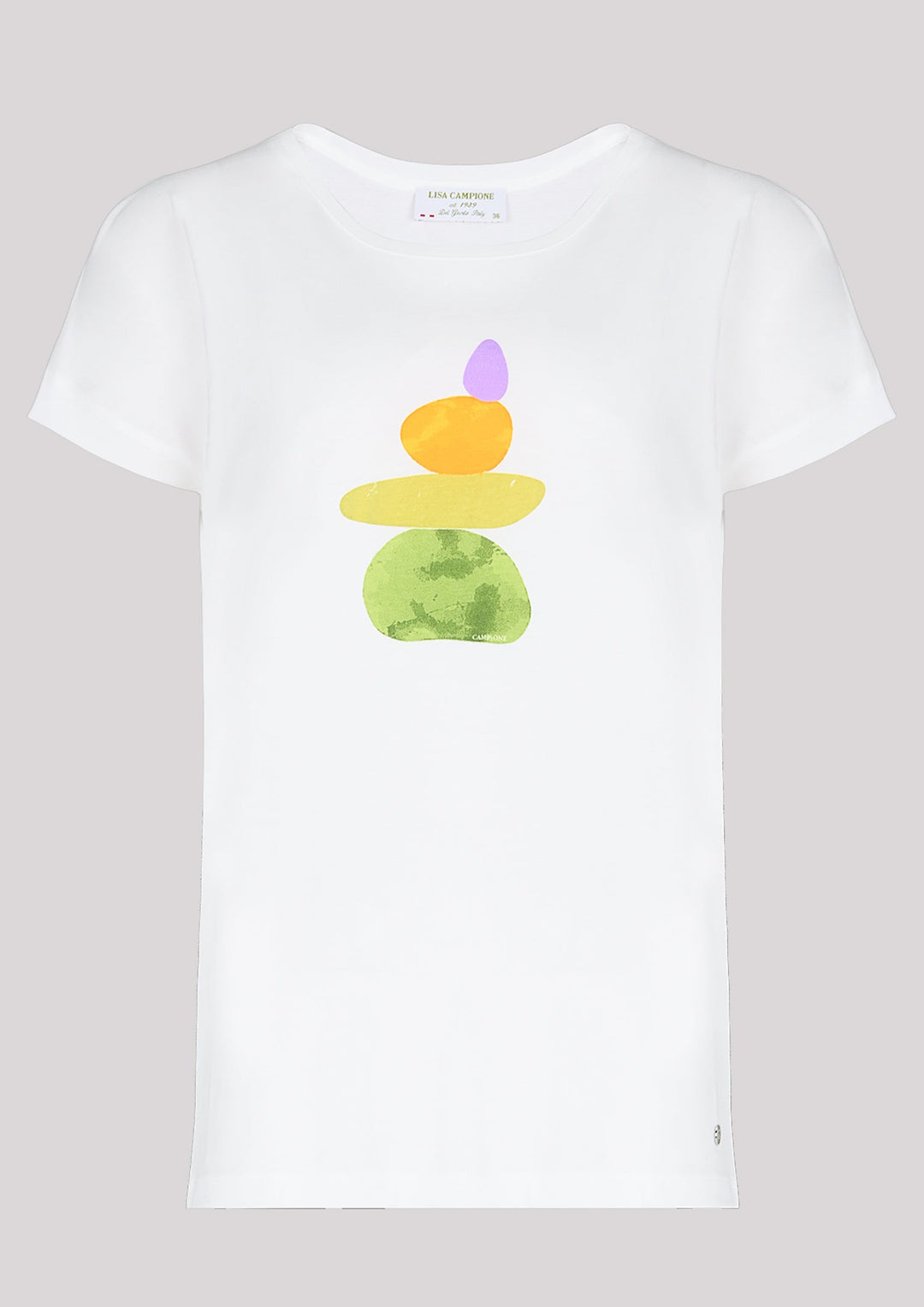 T-Shirt in Ecru-Farbe mit buntem Aufdruck auf der Vorderseite