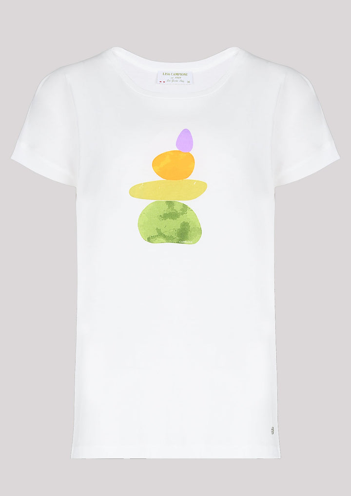 T-Shirt in Ecru-Farbe mit buntem Aufdruck auf der Vorderseite