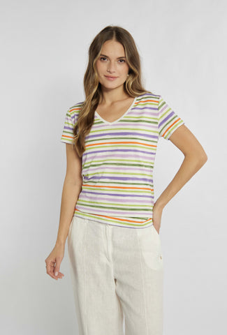 T-Shirt mit bunten Streifen und V-Ausschnitt