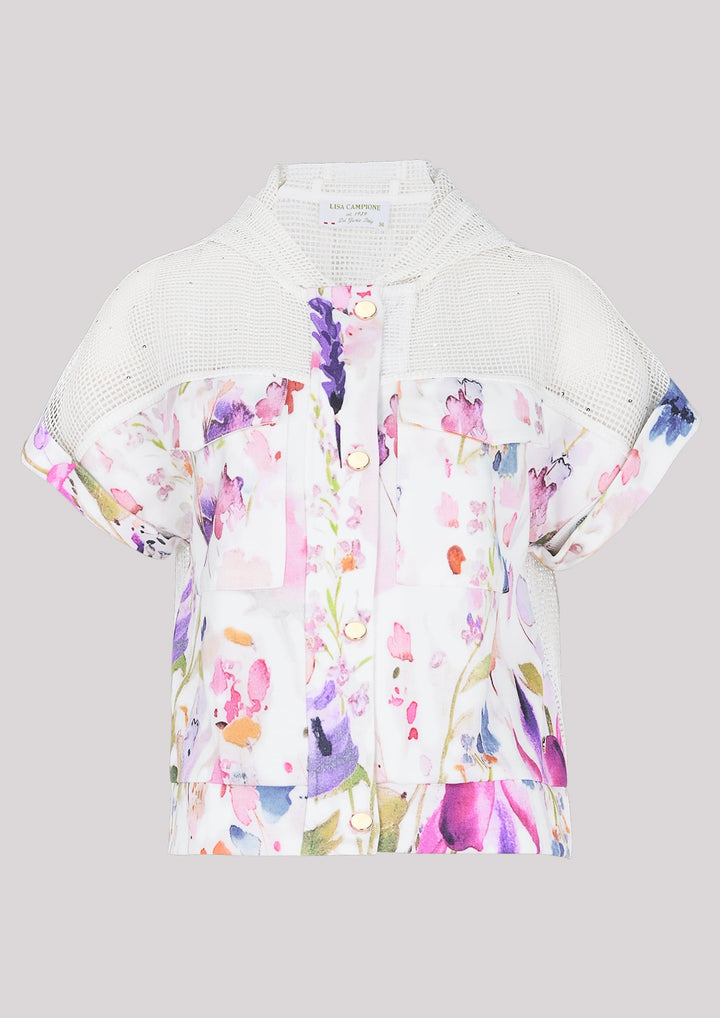 Aufgeknöpfte Bluse im Blumendruck aus kombinierten Materialien