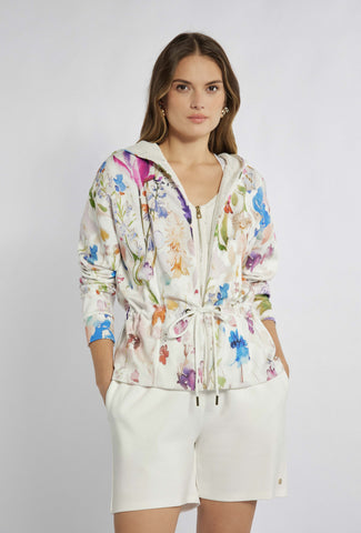 Aufgeknöpftes Sweatshirt mit Blumendruck und Netzeinsatz