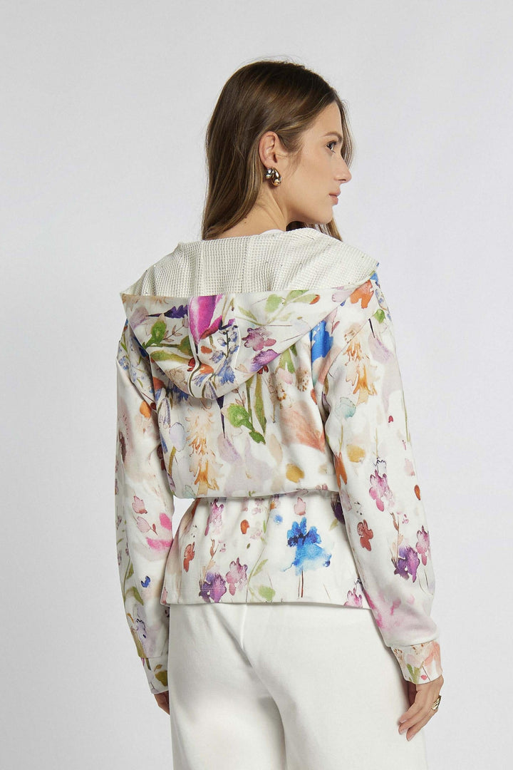 Aufgeknöpftes Sweatshirt mit Blumendruck und Netzeinsatz