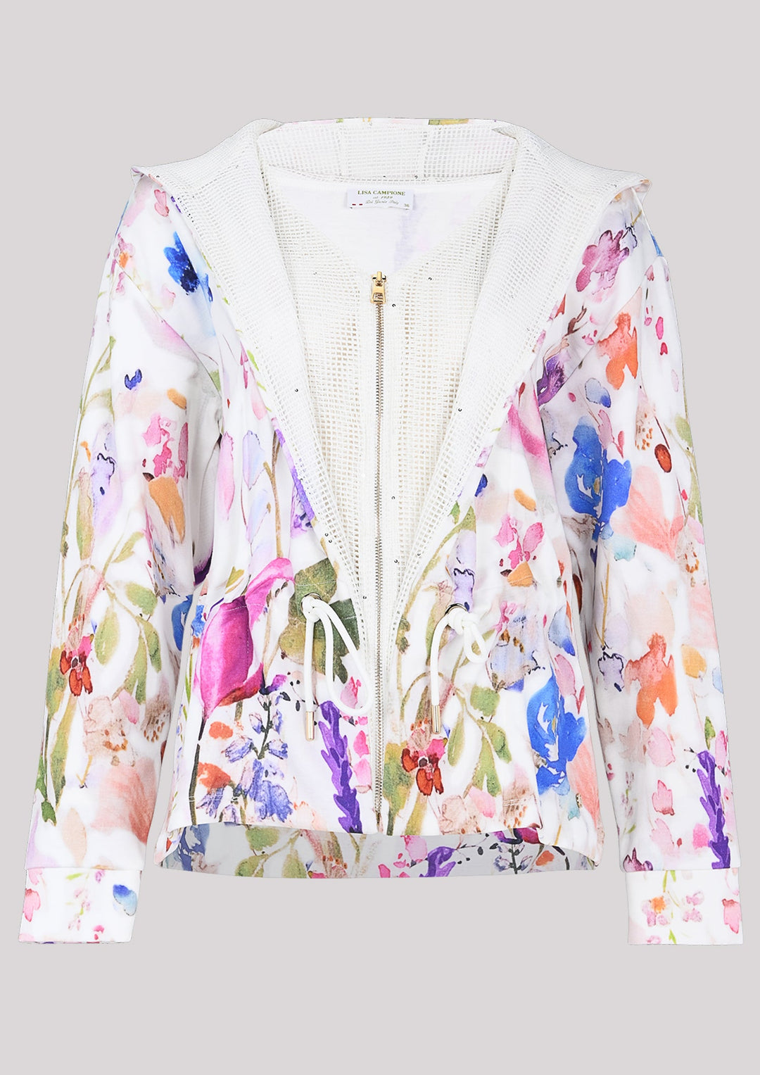 Aufgeknöpftes Sweatshirt mit Blumendruck und Netzeinsatz