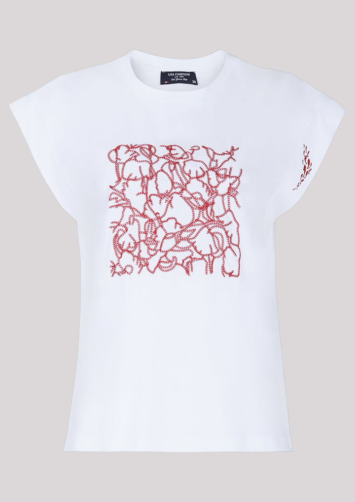 T-shirt blanc avec imprimé rouge contrastant