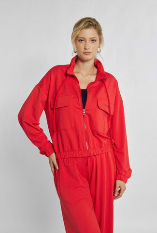 Rotes aufgeknöpftes Sweatshirt mit Taschen und gerippten Bündchen