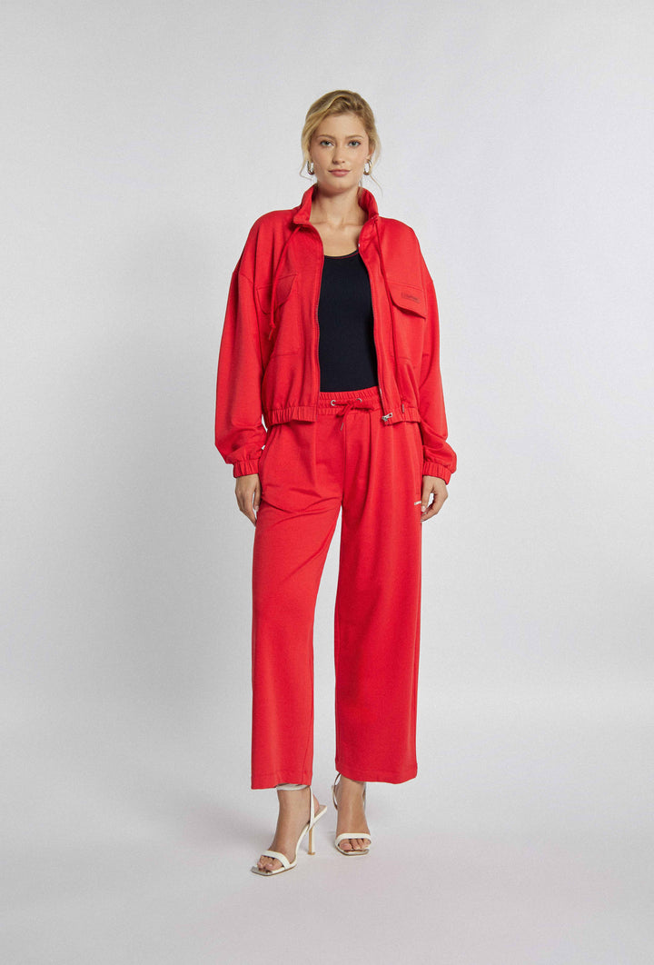 Rotes aufgeknöpftes Sweatshirt mit Taschen und gerippten Bündchen