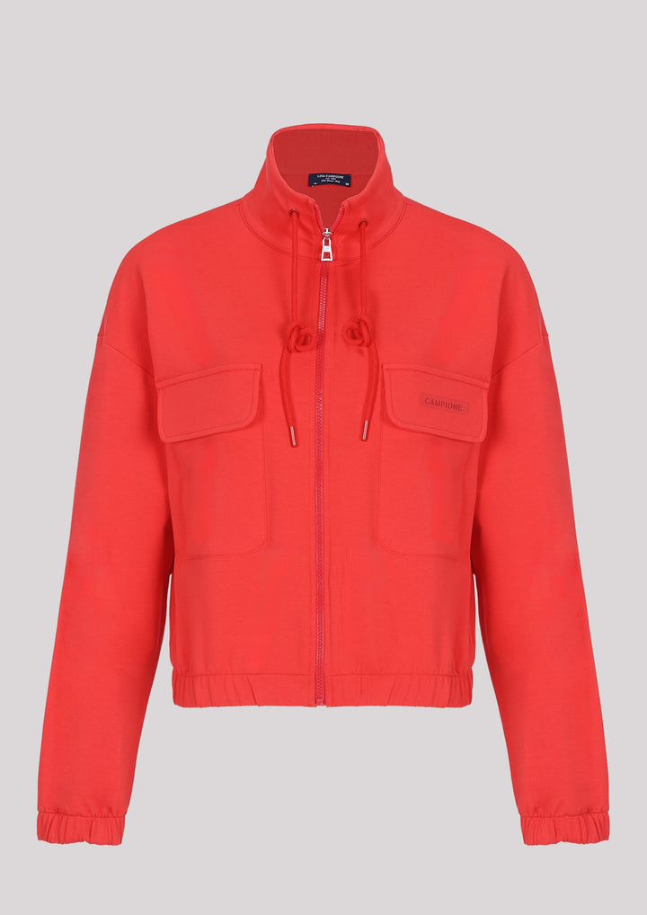 Rotes aufgeknöpftes Sweatshirt mit Taschen und gerippten Bündchen