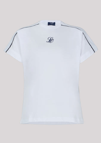 T-shirt in de kleur wit met bies en merklogo opdruk