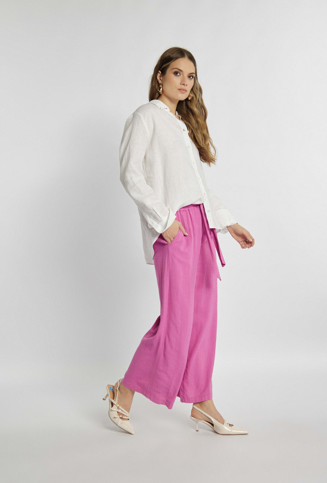 Leinenhose mit weitem Bein in Rosa