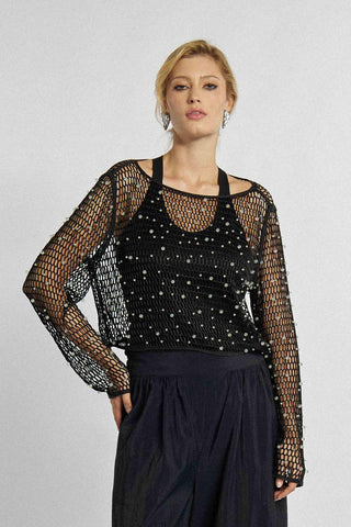 Mesh blouse in zwarte kleur met kralen
