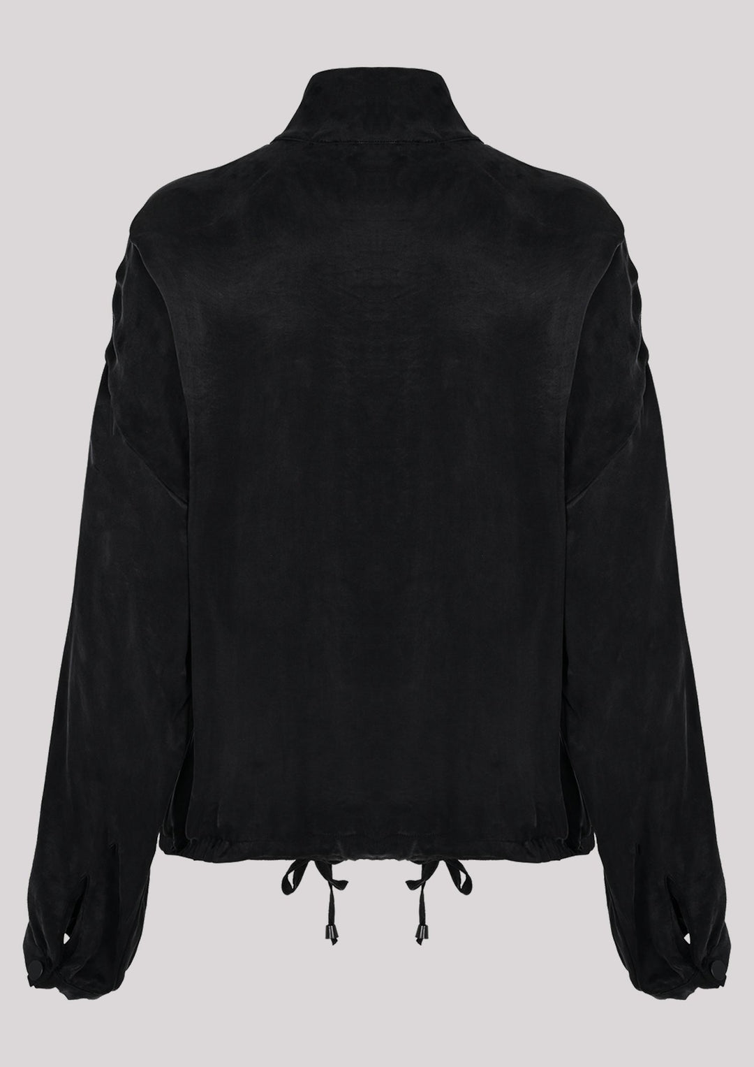 Airy blouse with stand-up collar unbuttoned at the neck in black color