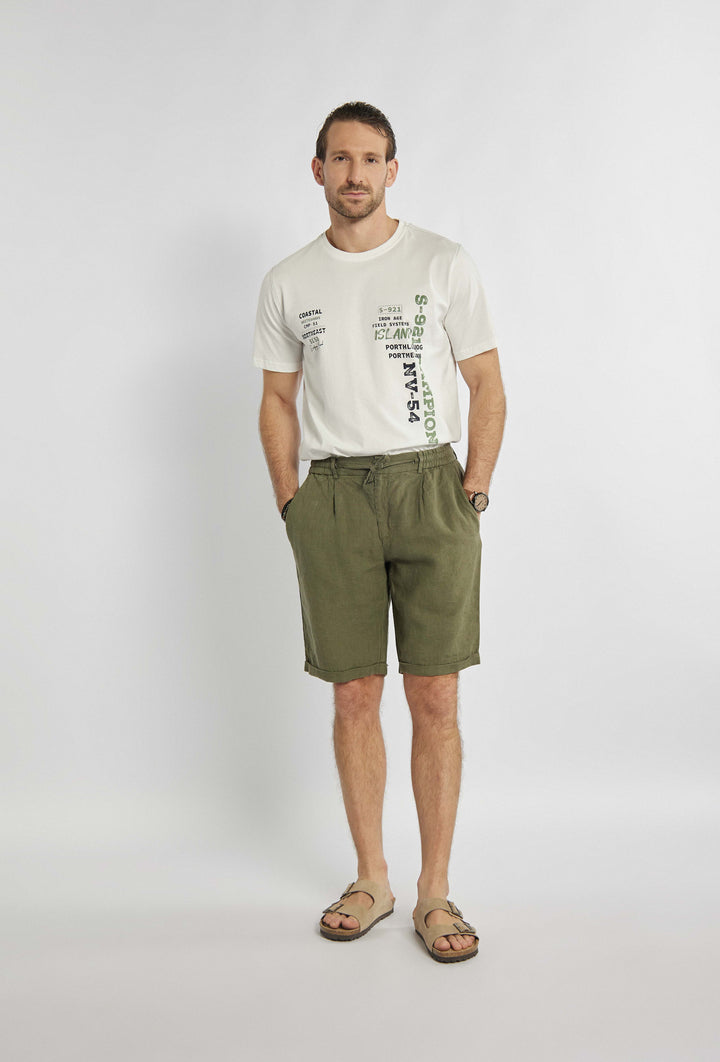 Short drawstring shorts with belt, button and khaki color