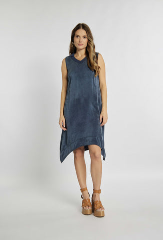 Asymmetrical dress with wide straps in navy blue color