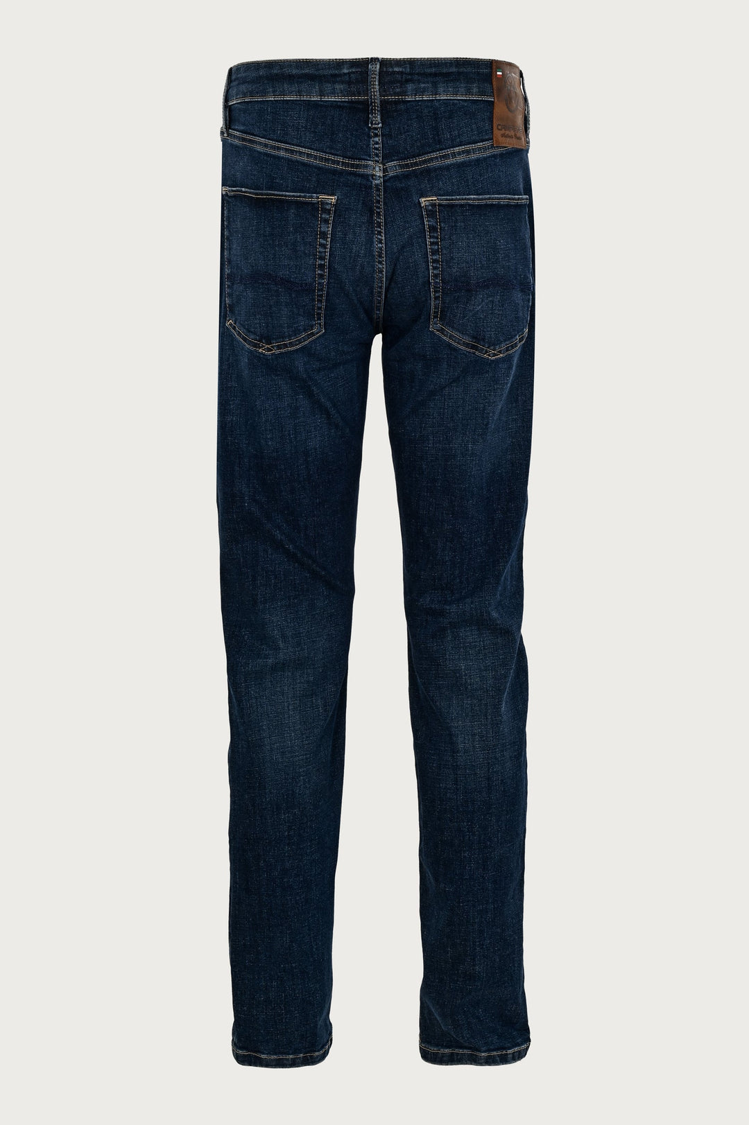 Denim pants with decorative stitching and brand logo on the back