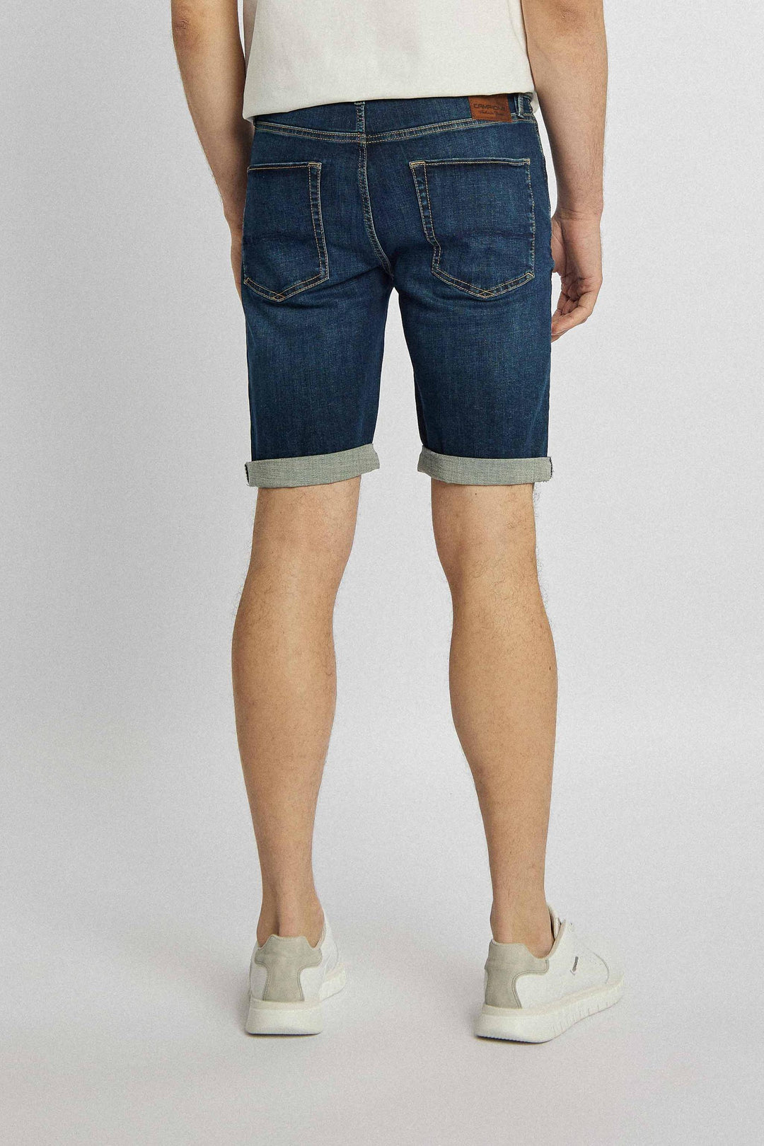 Short denim shorts with sewn-on details and turned-up legs