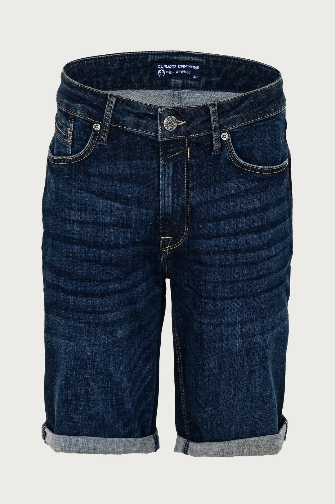 Short denim shorts with sewn-on details and turned-up legs