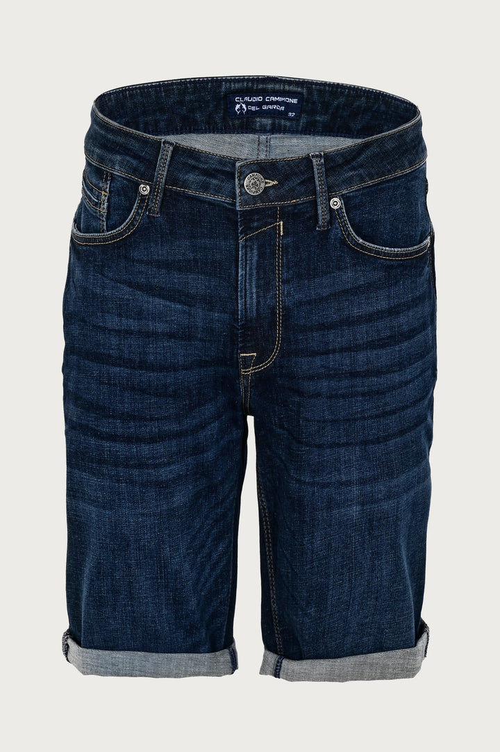 Short denim shorts with sewn-on details and turned-up legs