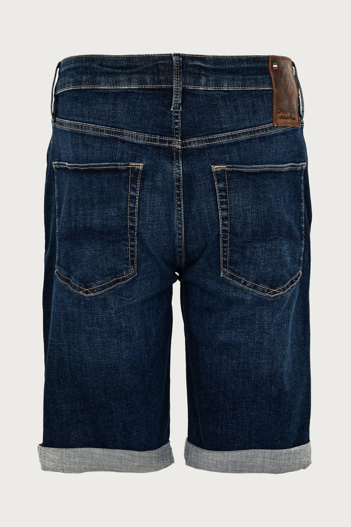 Denim short shorts with sewn-on details and turned-up legs