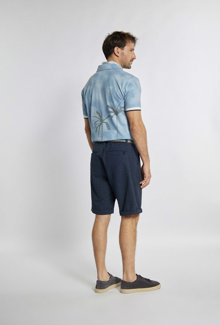 Navy blue shorts with a fine, stylish check pattern