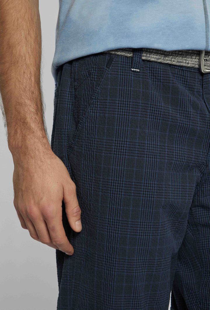 Navy blue shorts with a fine, stylish check pattern