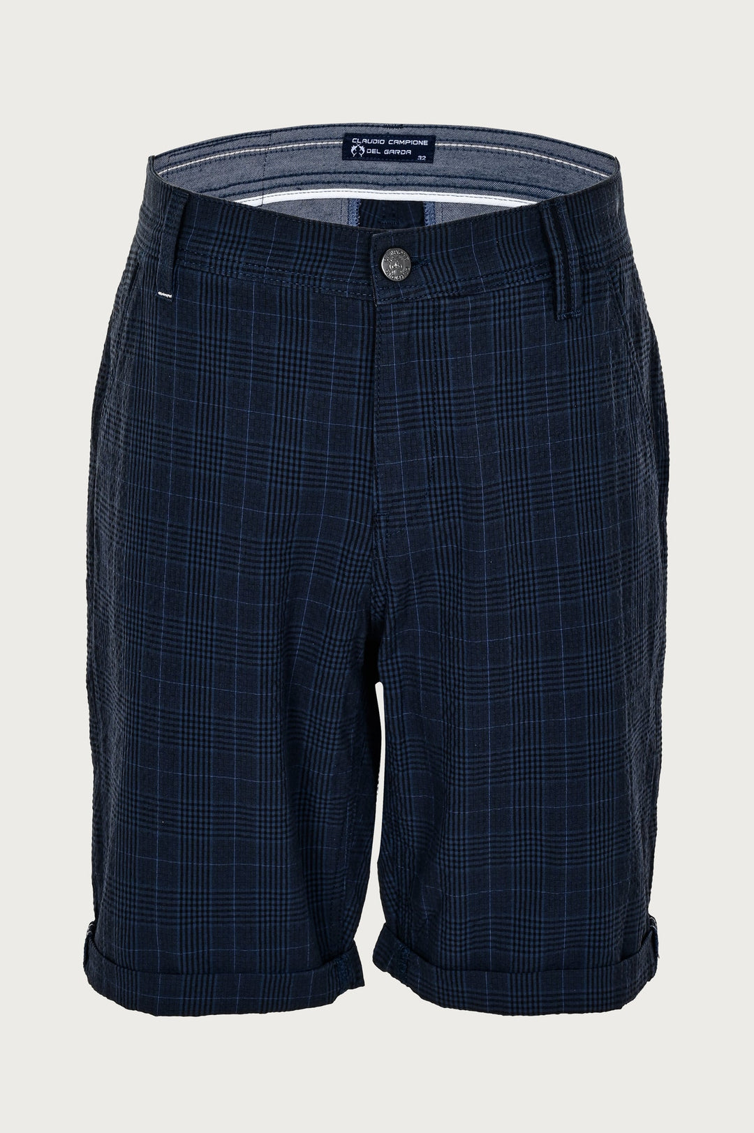 Navy blue shorts with a fine, stylish check pattern
