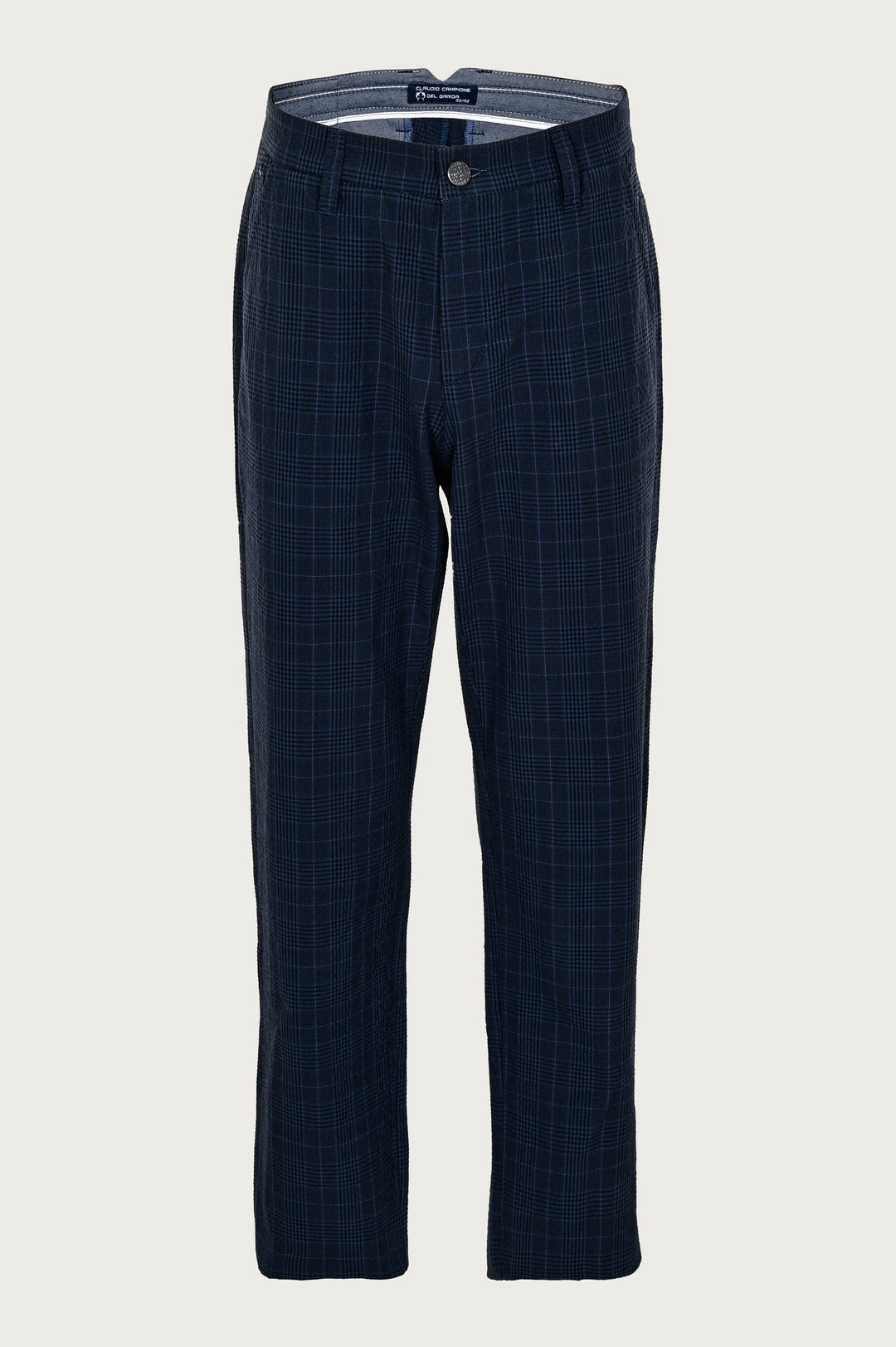 Broek in marineblauw ruitpatroon, met lange pijpen