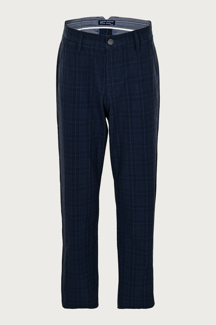 Broek in marineblauw ruitpatroon, met lange pijpen