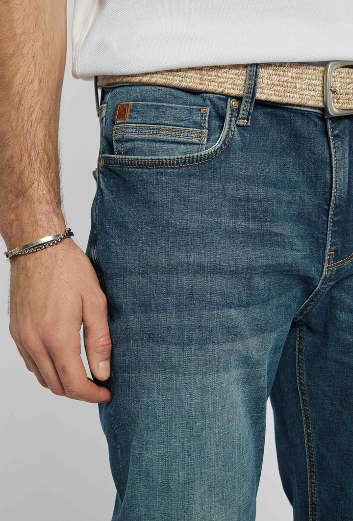 Classic navy blue jeans with decorative stitching