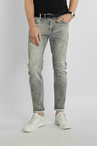 Long denim pants in gray color with straight cut