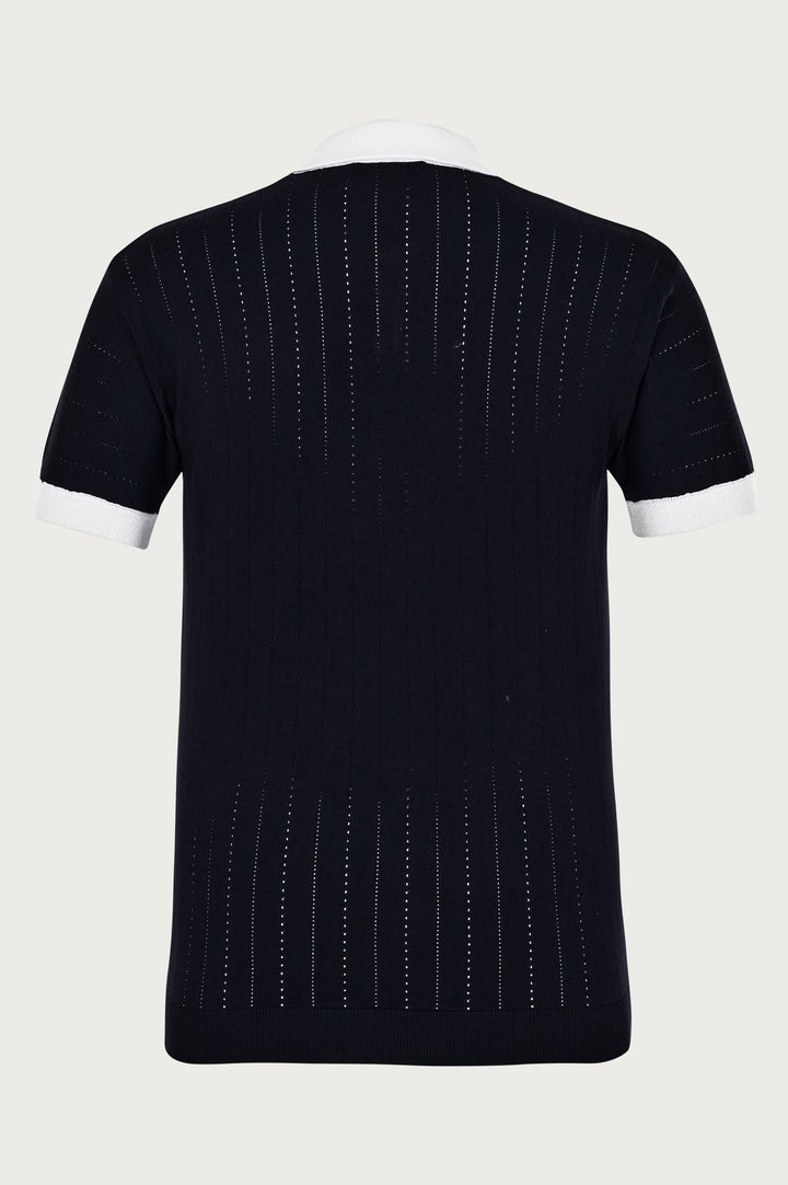 Black polo t-shirt with stylish ribbed cuffs and pattern on sleeves