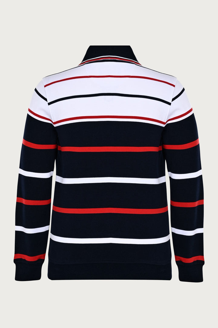 Long-sleeved blouse with multicolored, muted stripes and a minimalist sewing pattern