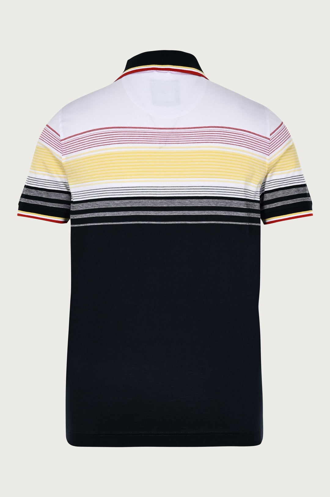 T-shirt polo with the brand's logo, with different colored stripes at the top