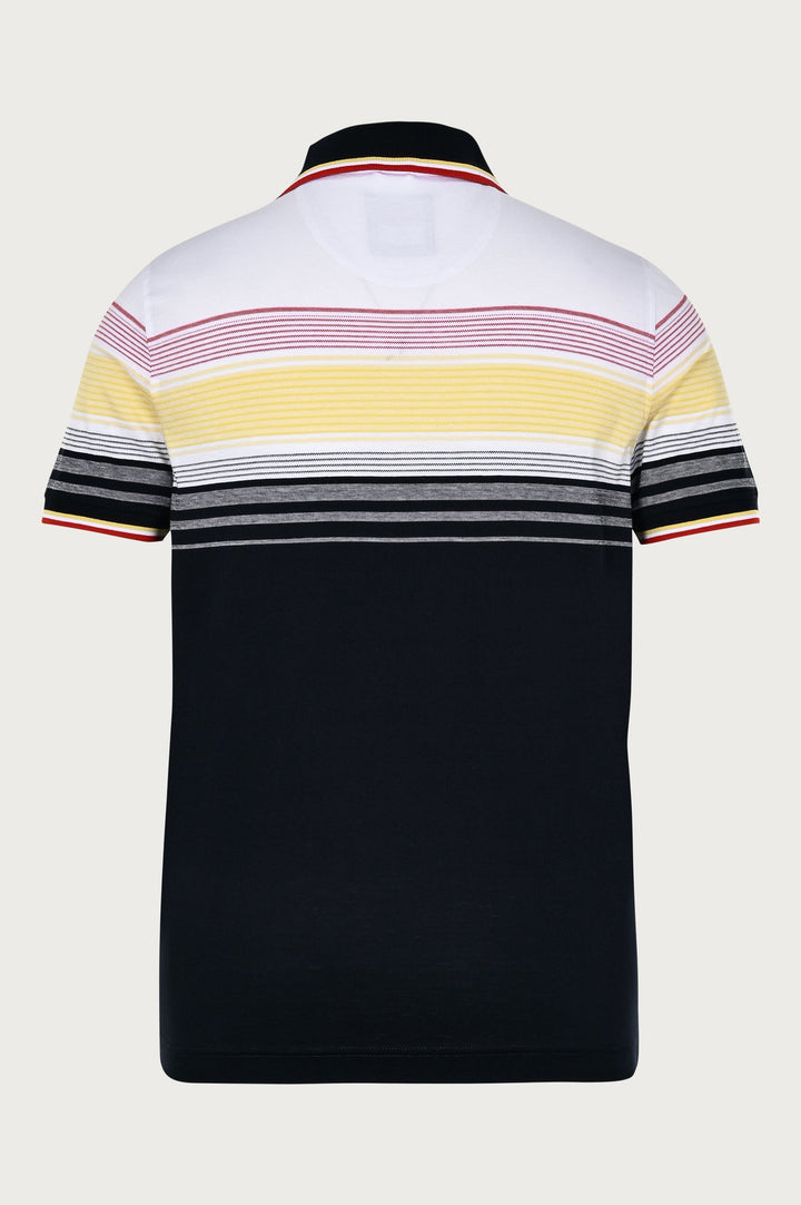 T-shirt polo with the brand's logo, with different colored stripes at the top