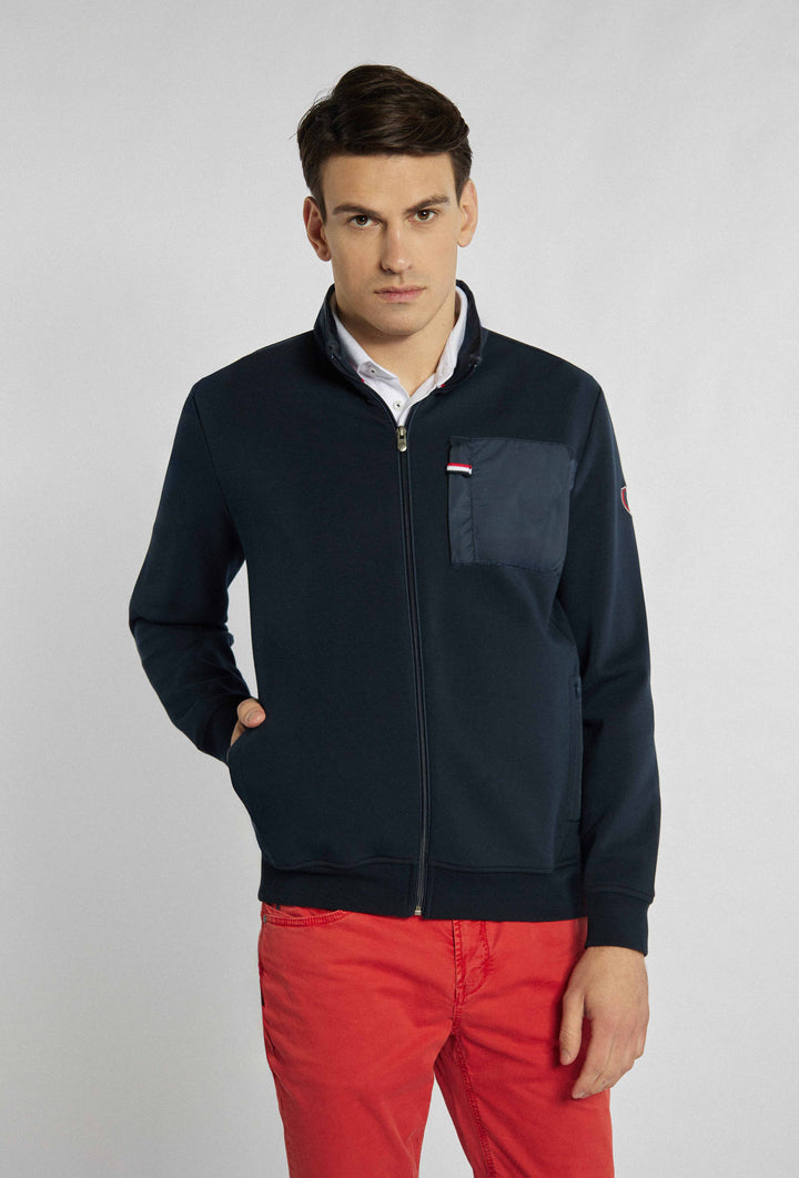 Marineblauwe, open sweatshirt met opvallende driekleurige patch