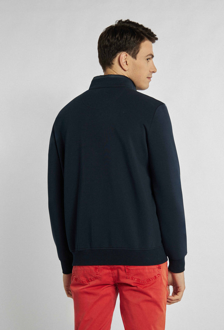 Marineblauwe, open sweatshirt met opvallende driekleurige patch