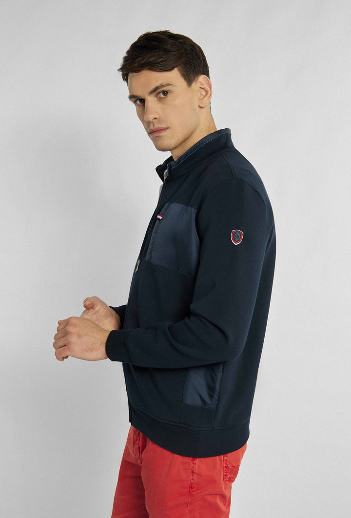 Marineblauwe, open sweatshirt met opvallende driekleurige patch