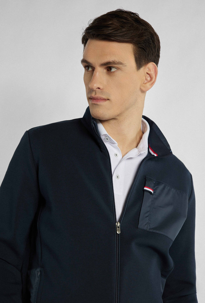 Marineblauwe, open sweatshirt met opvallende driekleurige patch