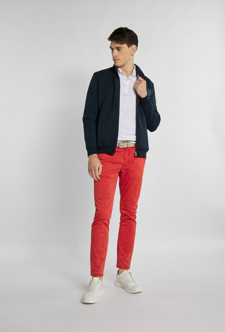 Marineblauwe, open sweatshirt met opvallende driekleurige patch