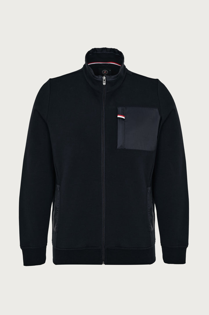 Marineblauwe, open sweatshirt met opvallende driekleurige patch