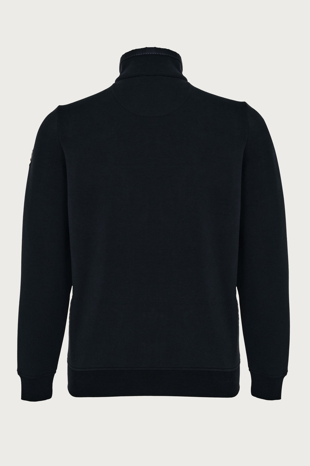 Navy blue unbuttoned sweatshirt with distinctive tricolor patch