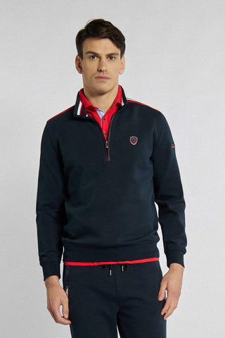 Sweatshirt met openstaande kraag in marineblauw met merklogo en rood-witte patronen