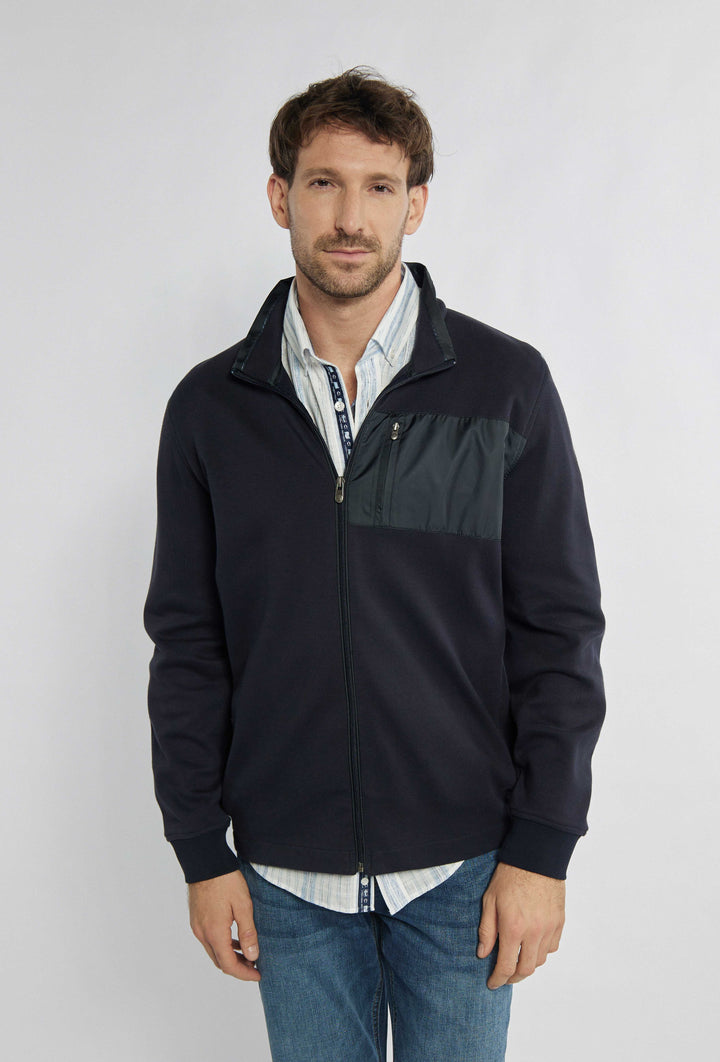 Heren katoenen sweatshirt met borstzakje, kleur marineblauw