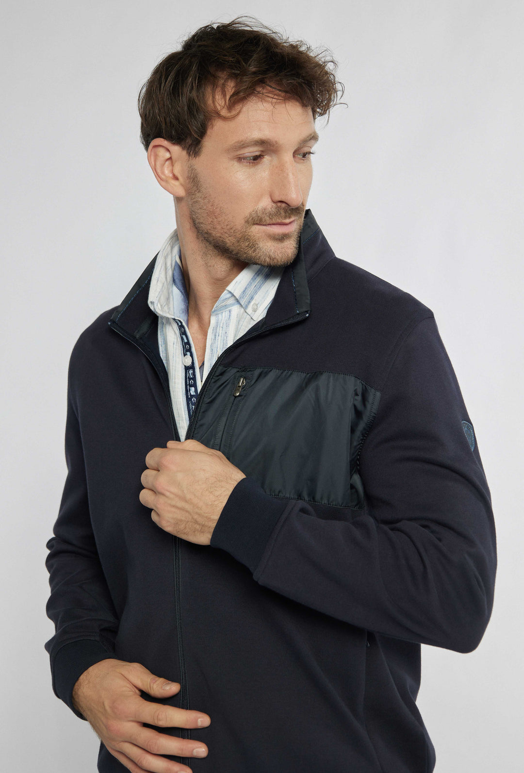Heren katoenen sweatshirt met borstzakje, kleur marineblauw