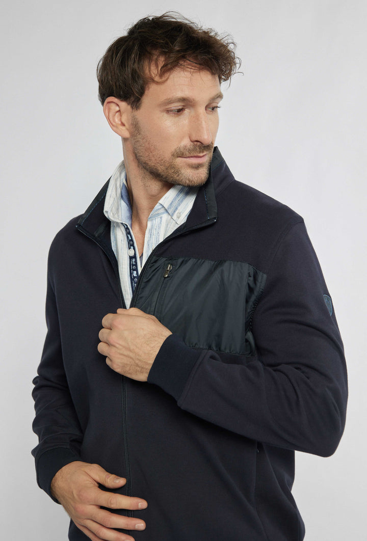 Heren katoenen sweatshirt met borstzakje, kleur marineblauw