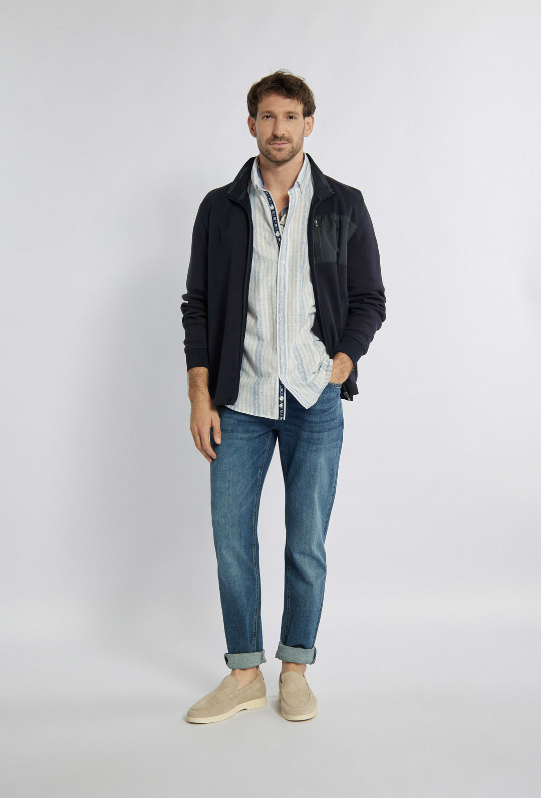 Heren katoenen sweatshirt met borstzakje, kleur marineblauw