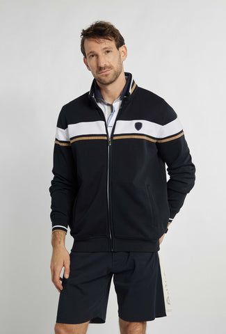 Marineblauwe Campione-sweater met dikke decoratieve strepen en merklogo op de borst