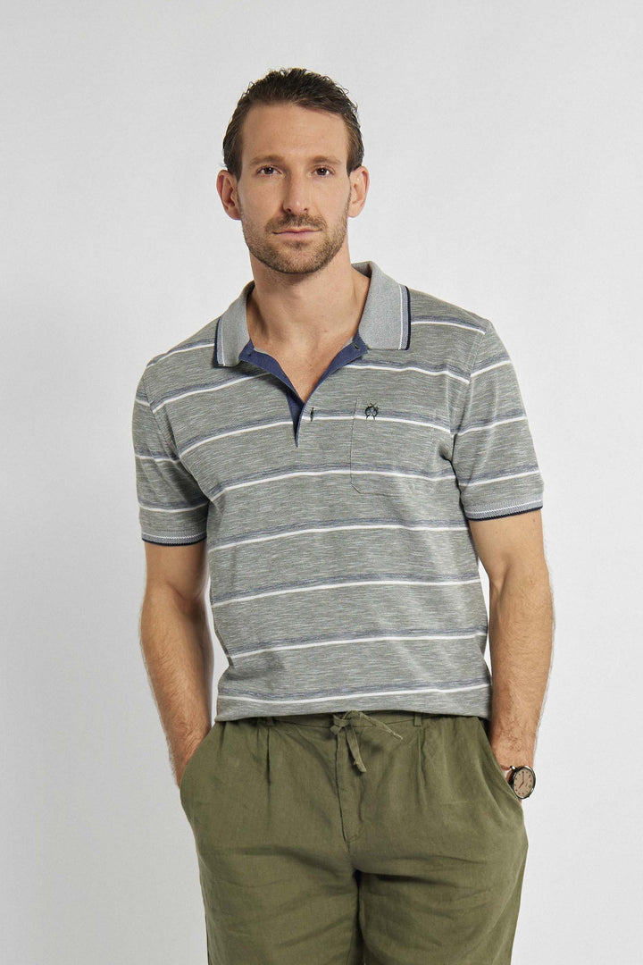 Gray polo shirt with navy and white stripes and brand logo on chest